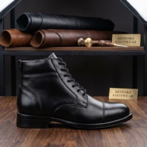 Premium Black Leather Cap-Toe Ankle Boots