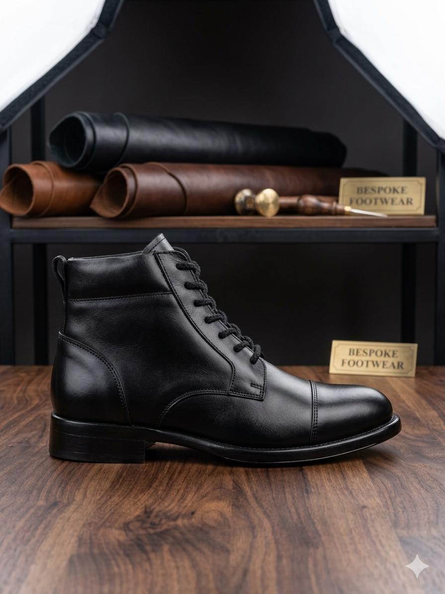 Premium Black Leather Cap-Toe Ankle Boots